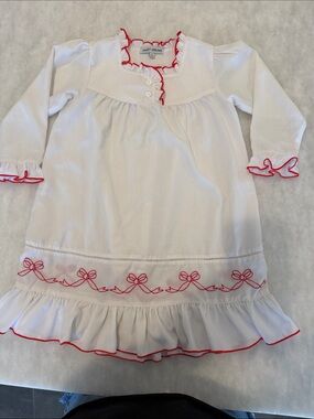 Sweet Dreams White Long-Sleeve Nightgown with Red Trim and Bow Embroidery
